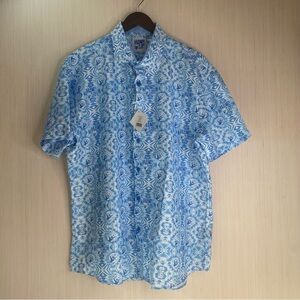 NWT The Hang Out Men's All Over Blue Hawaiian Patterned Shirt Button Up 2XL